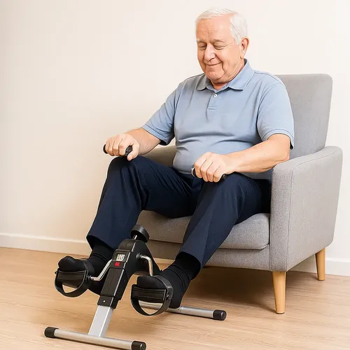 Idoso sentado em uma poltrona pedalando um mini cicloergômetro